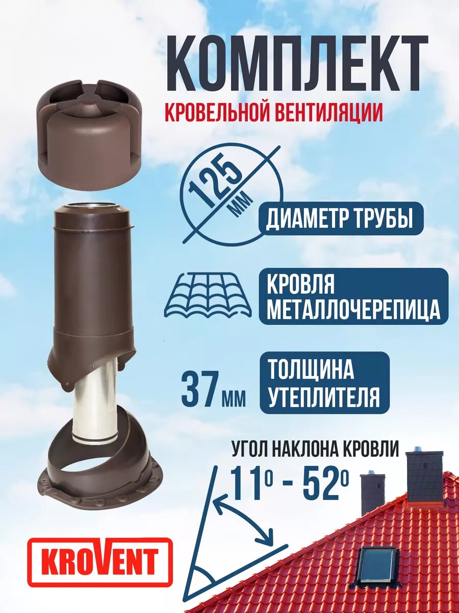 Комплект выход вентиляции утеплённый для кровли из металлочерепицы 125/500, Krovent, коричневый