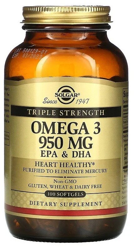 Solgar Omega-3, Омега-3, 950mg EPA & DHA - 100 капсул. Солгар тройная омега, 950мг - 100 капсул — фото 1