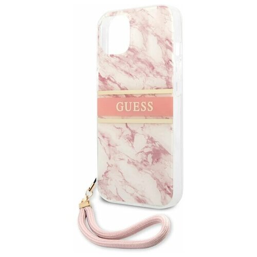 фото Guess для iphone 13 чехол pc/tpu marble hard +nylon hand cord pink