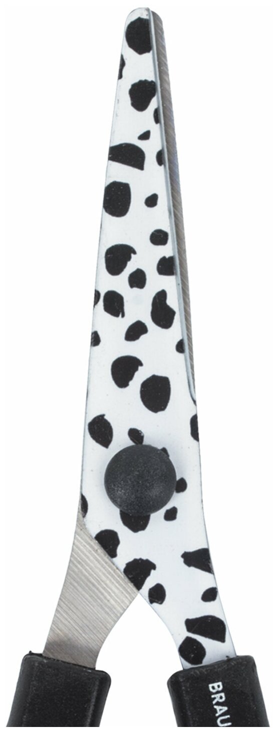Ножницы BRAUBERG, 130 мм, с цветной печатью, чёрно-белые, в картонной упаковке с европодвесом, 232276 - фото №4