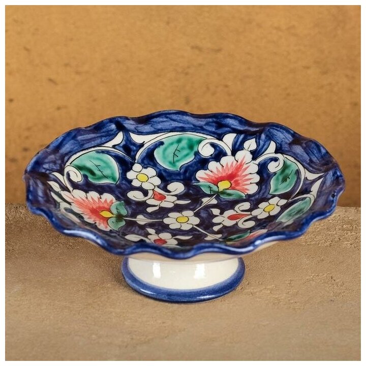 Шафран Конфетница Риштанская Керамика "Цветы", 16 см, синяя