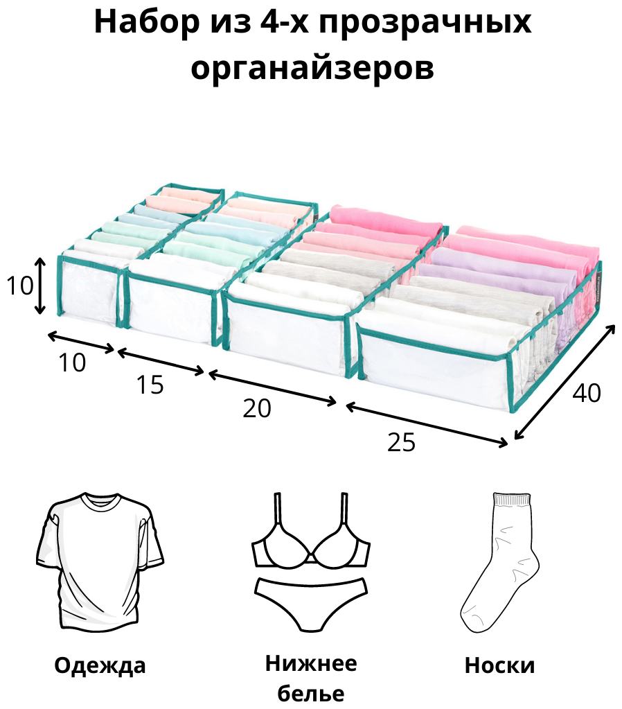 Набор из 4-х прозрачных органайзеров, Бирюзовый - фотография № 2