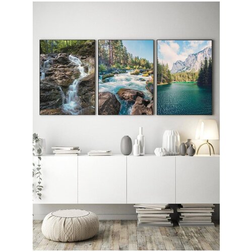 фото Набор из 3х интерьерных постеров 40 см х 30 см - "природа, водопад, река home poster