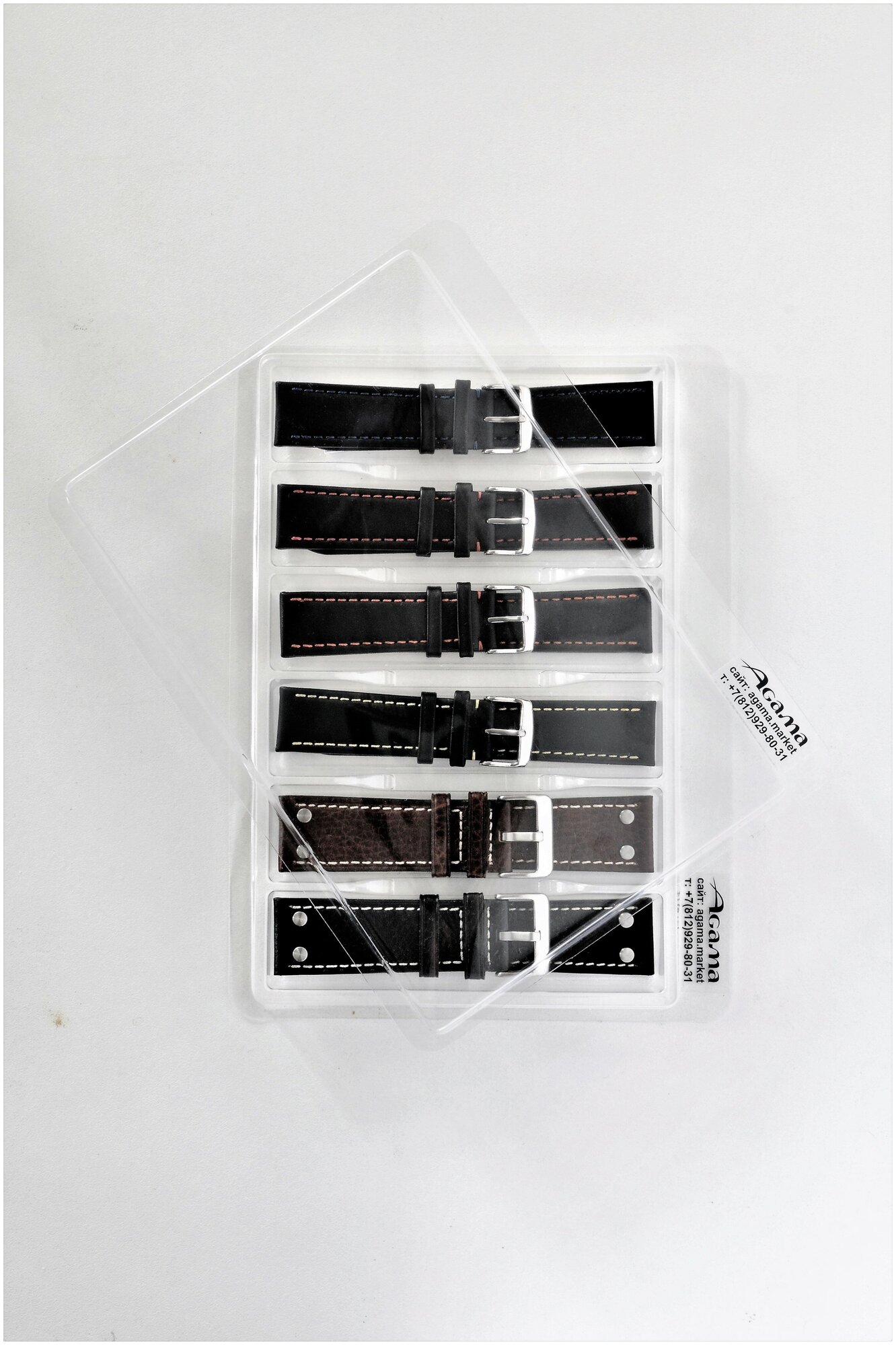 Групповой прозрачный блистер на 6 ячеек - 5 штук, для часовых ремешков, с размером от 24 мм до 30 мм