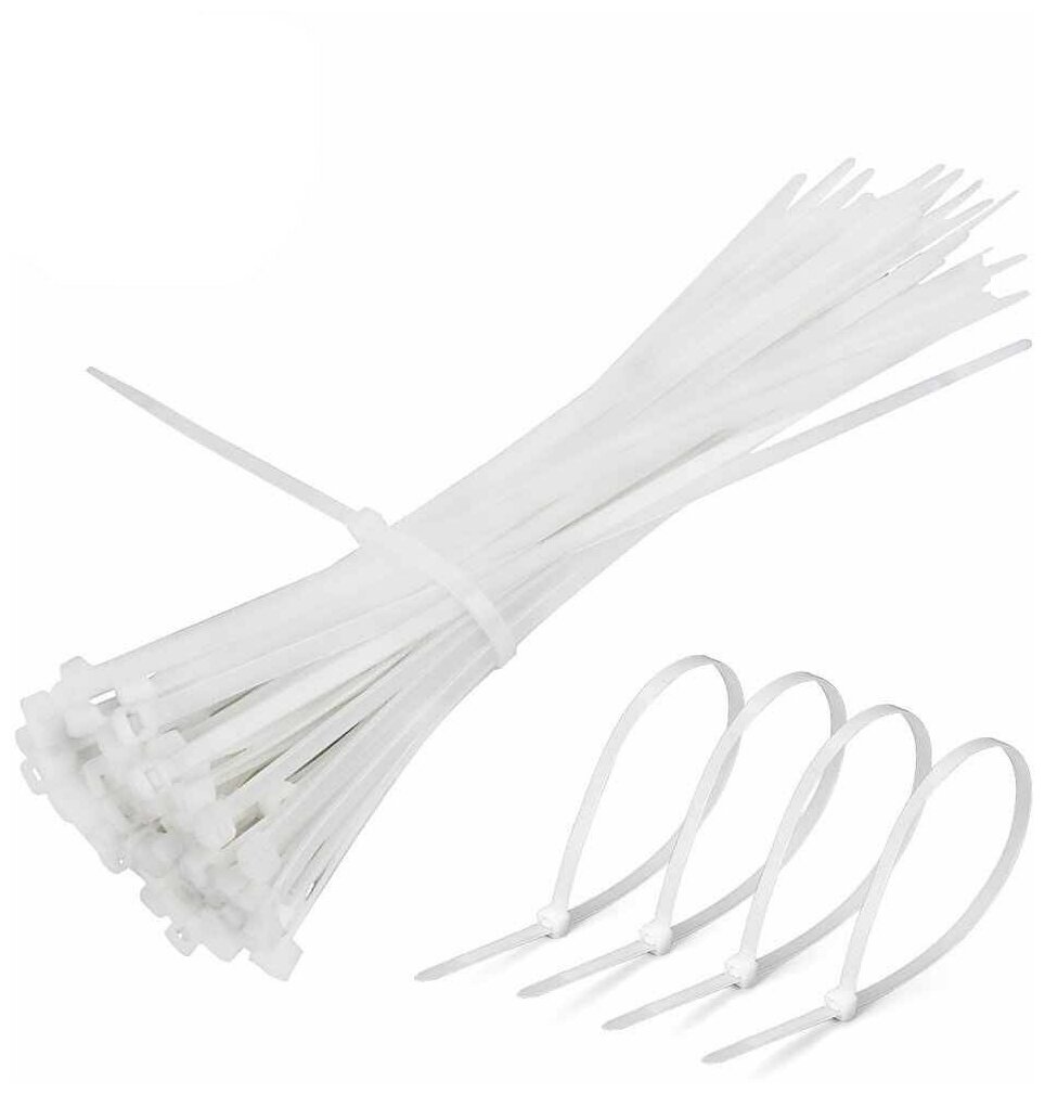 фото Нейлоновые хомуты для стяжки, 3мм х 200мм, 100 штук, белые