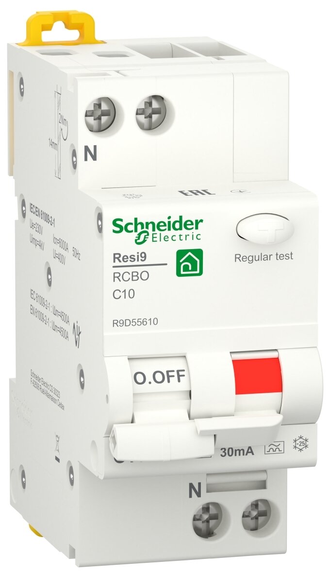 Schneider Electric Дифференциальный автомат Schneider Electric RESI9 1П+Н 10А 30мА C тип A 6кА 2 модуля (дифавтомат, АВДТ) R9D55610