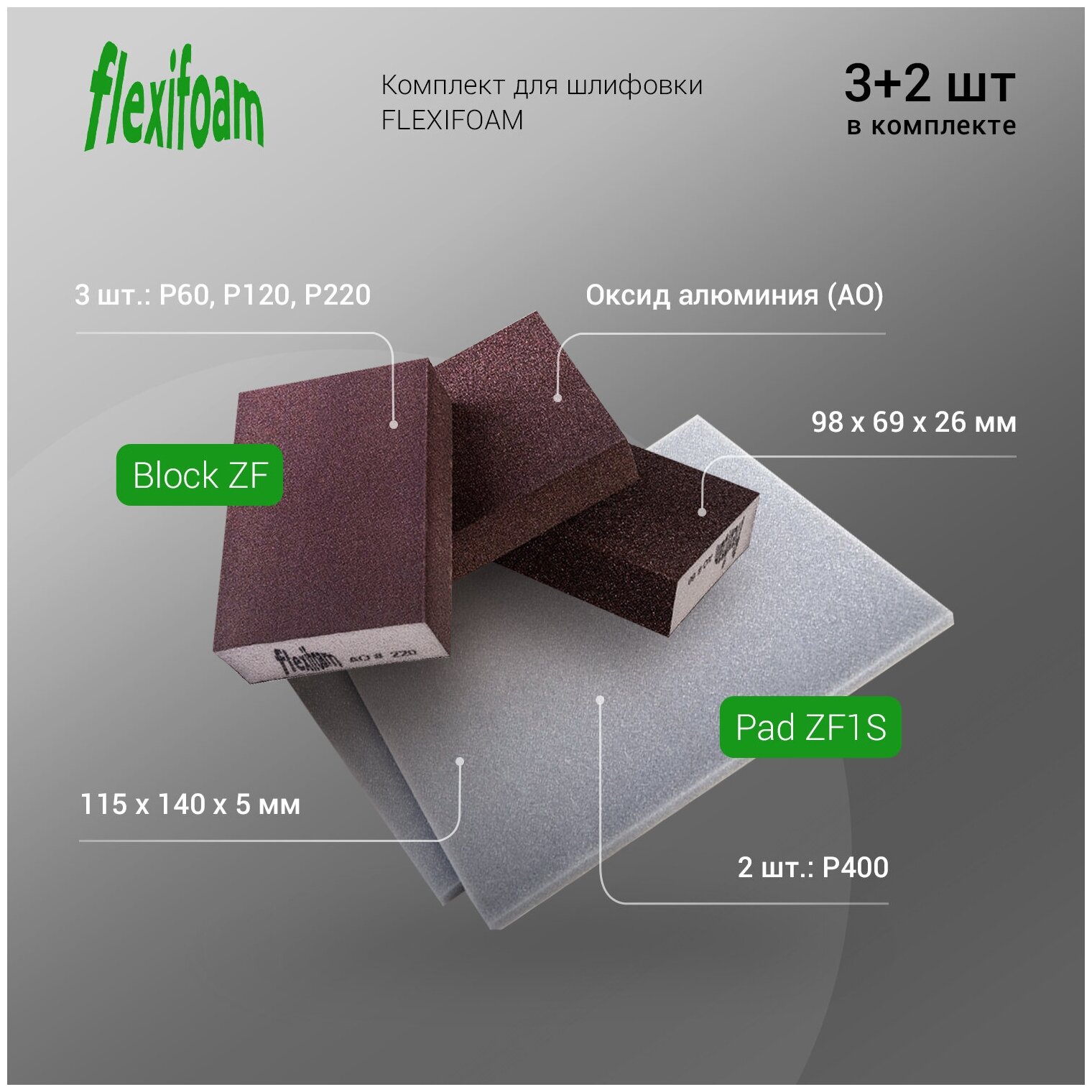 Комплект Flexifoam Block ZF 98х69х26мм Р60 1шт Р120 1шт Р220 1шт и Pad ZF1S 115х140х5мм Р400 2шт