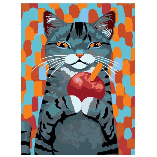 Картина по номерам, Живопись по номерам, 54 x 72, A329, кот, серый, рисунок, поп-арт, яблоко, фрукт, сок, напиток 