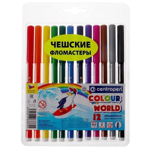 фломастеры centropen colour world washable 12 цветов арт 7550 12 tp 7790 12 tp количество в наборе 2 шт Фломастеры 12 цветов, Centropen Colour World 7550/12 ТП, в блистере, линия 2.0 мм