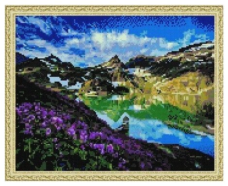 Алмазная мозаика Цветы у озера в горах PaintBoy 40x50 см.