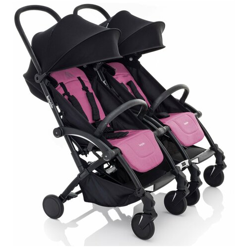 Коляска детская прогулочная для двойни Bumprider Connect 2 (Швеция) чёрная рама/розовый + сумка для мамы + сумка-бокс