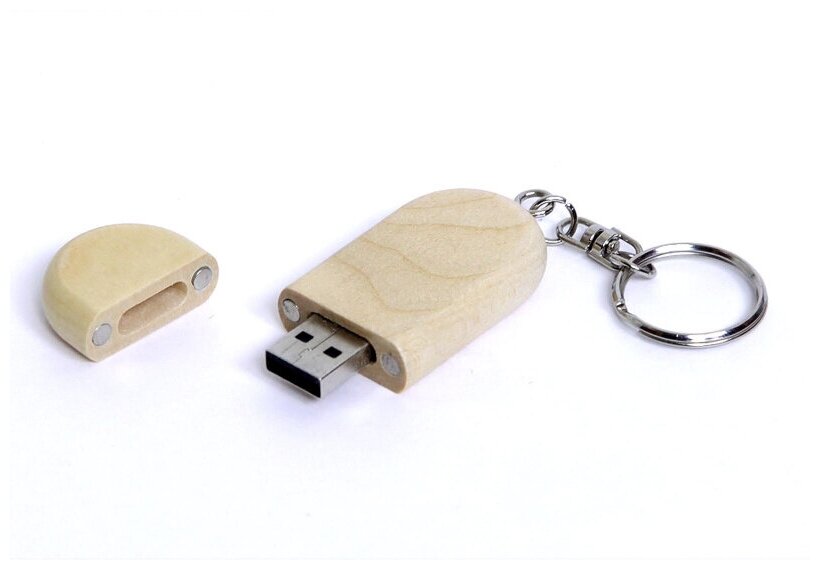 Овальная деревянная флешка с магнитным колпачком (32 Гб / GB USB 3.0 Белый/White Wood1 Flash drive Овальная с Карабином WD147)