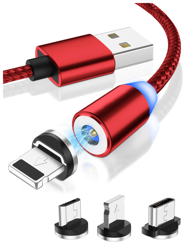 Магнитный USB-кабель для зарядки телефона 3в1 с 3-мя разъемами. Провод с Type-C, Micro-USB и Lightning, красный шнур