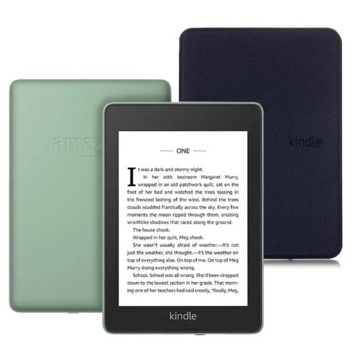 фото Электронная книга amazon kindle paperwhite 2018 8gb ad-supported sage + чехол ultraslim синий