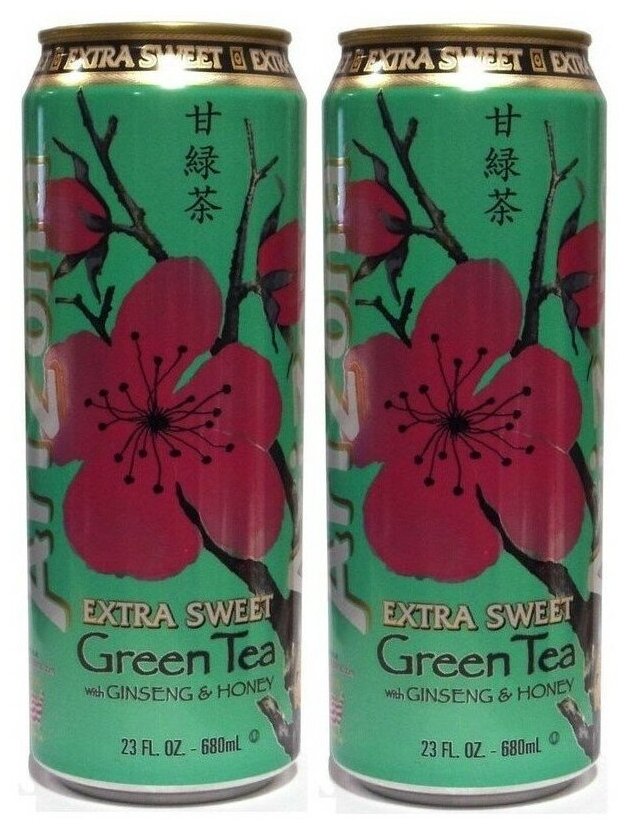 Холодный чай AriZona Extra Sweet Green Tea с экстрактом женьшени и мёдом / 2 банки по 680 мл. - фотография № 1