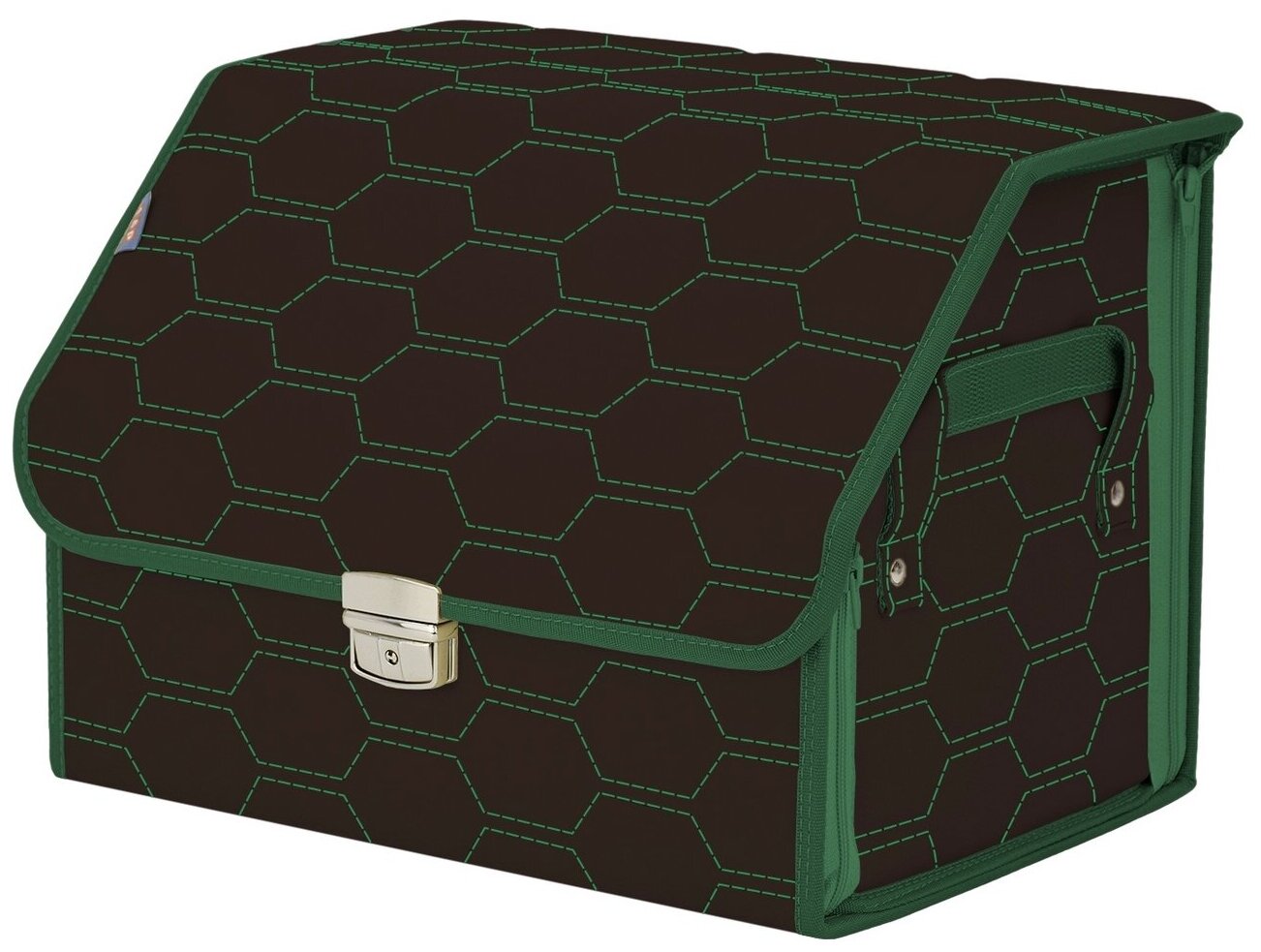 Органайзер-саквояж в багажник "Союз Премиум" (размер M). Цвет: коричневый с зеленой прострочкой Соты.