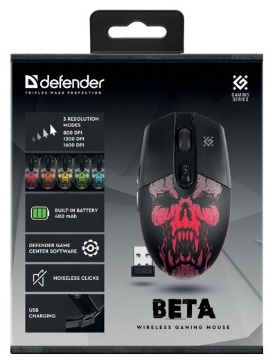 Мышь игровая беспроводная Defender Beta GM-707L LED6D400 mAh1600dpi бесшумная подсветка встроенный АКБ