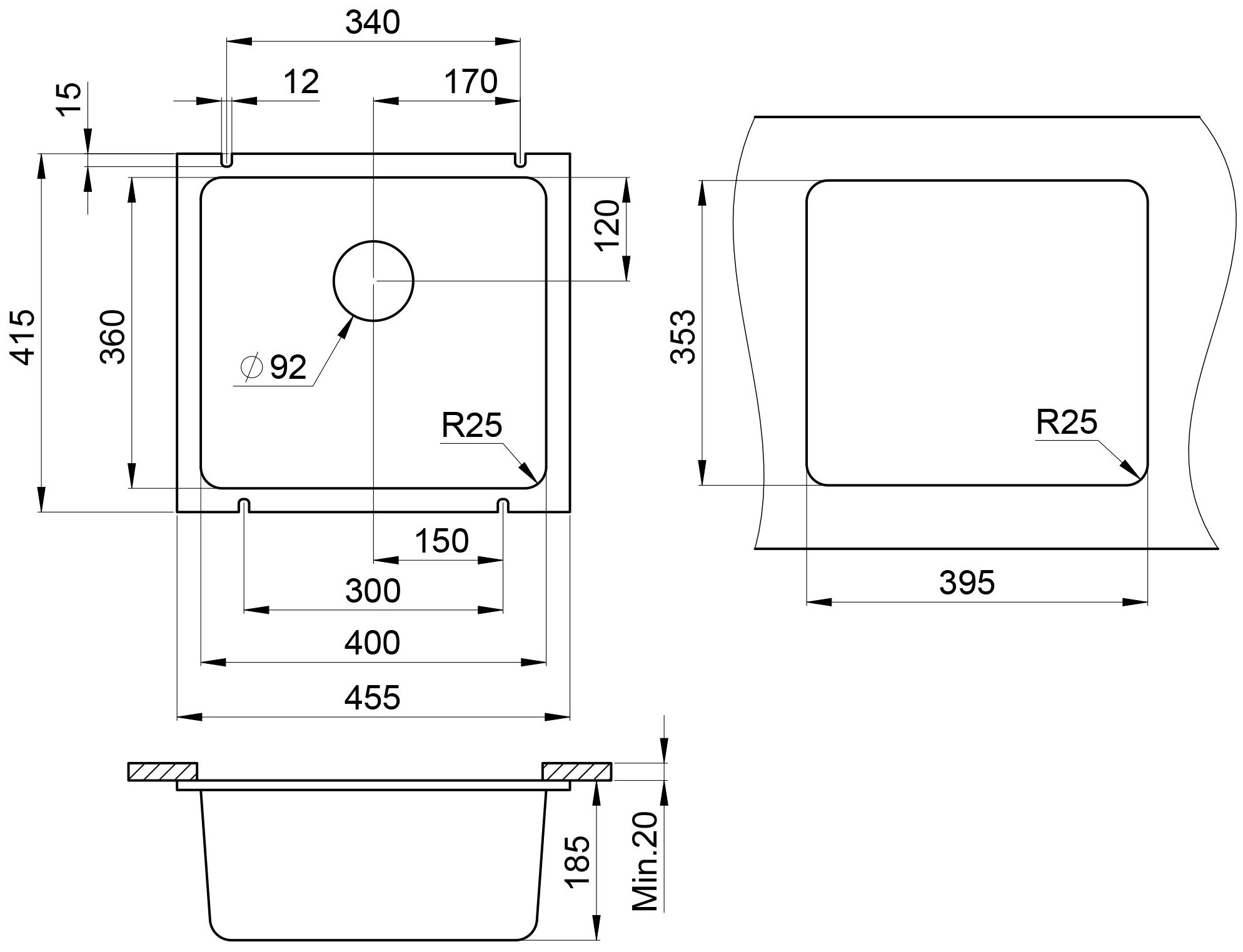 Кухонная мойка кварцевая Granula GR-3601 квадратная подстольная односекционная, подстольная, чаша 400x360, цвет шварц (3601sv) - фотография № 3