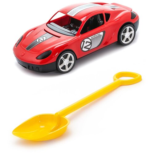фото Набор игрушек малышу игрушка "детский автомобиль" (молния) красный + лопатка 50 см. желтый karolina toys