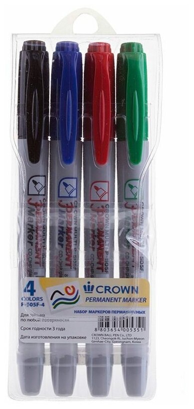 Набор перманентных маркеров Crown Multi Marker Super Slim (1мм круглый наконечник 4 цвета) 4шт пвх (P-505F-4) 36 уп.