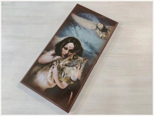 Изображение товара Нарды деревянные подарочные с цветным рисунком Девушка и волк средние 50 см