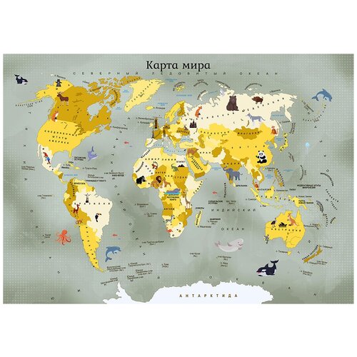 Карта мира фауна серый детские - Виниловые фотообои, (211х150 см) карта мира воздушные шары детские виниловые фотообои 211х150 см