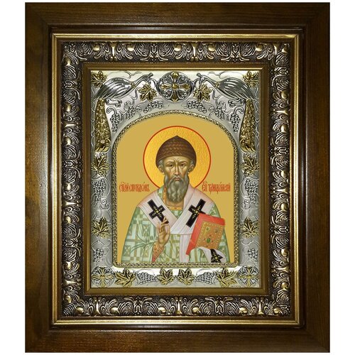 Икона Спиридон Тримифунтский святитель, 14х18 см, в окладе и киоте святитель спиридон тримифунтский икона в киоте 16 5 18 5 см