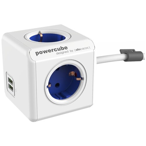 Удлинитель Allocacoc PowerCube Extended USB 1402, 4 розетки, с/з, 16А / 3680 Вт 4 2 1.5 м 3 м² 74 мм 74 мм белый/синий