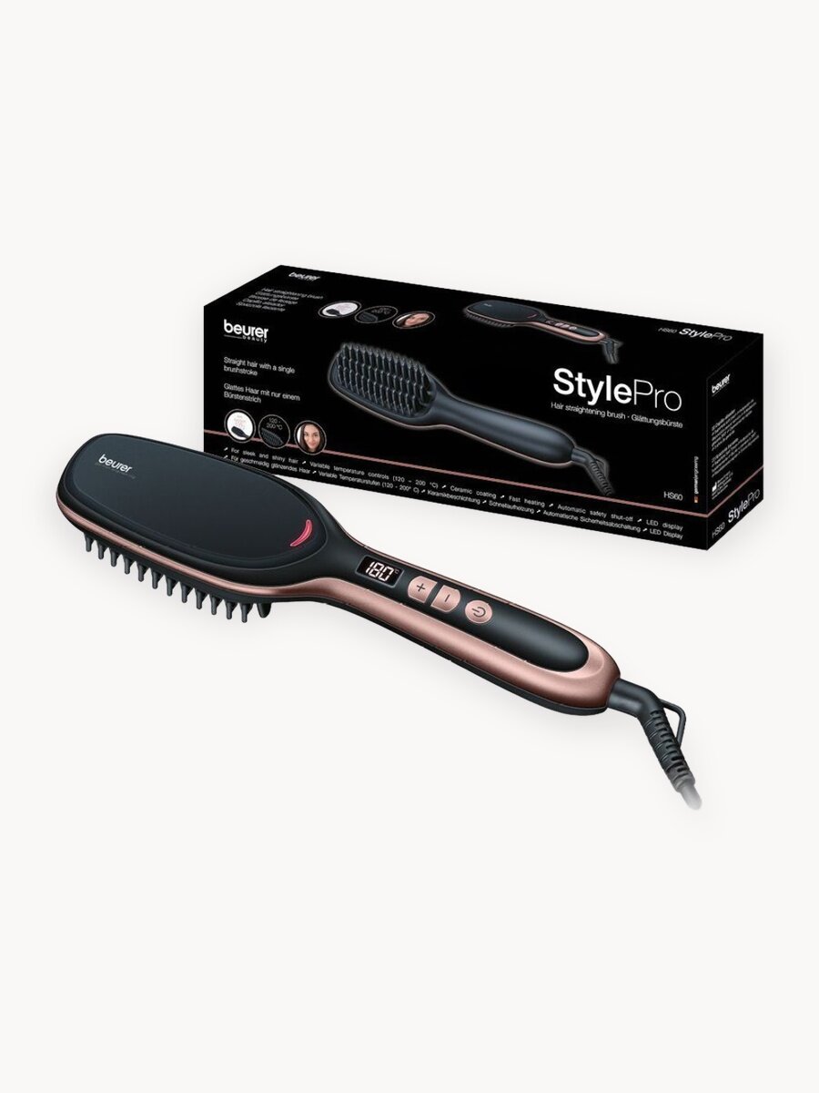 Расческа-выпрямитель для волос Beurer HS 60, ионизация, 45Вт, чёрный/золотой