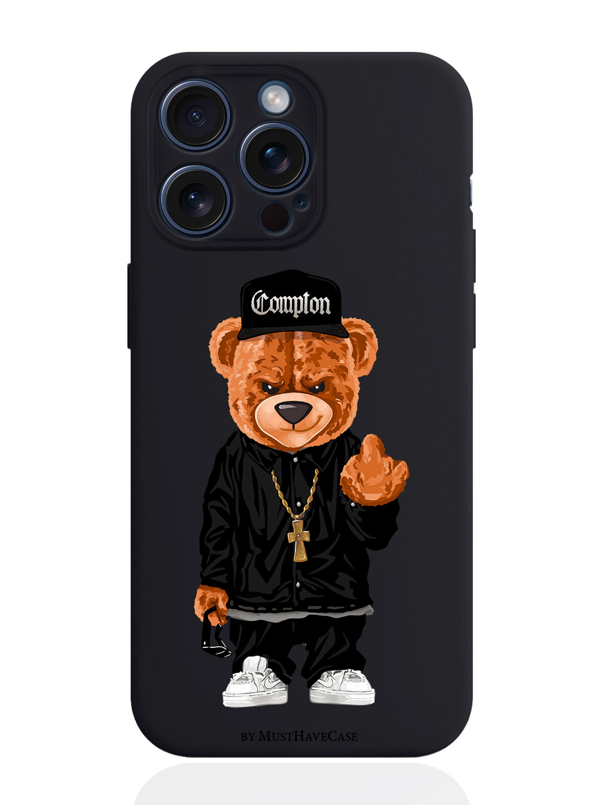 Чехол для смартфона iPhone 15 Pro Max черный силиконовый Мишка Compton