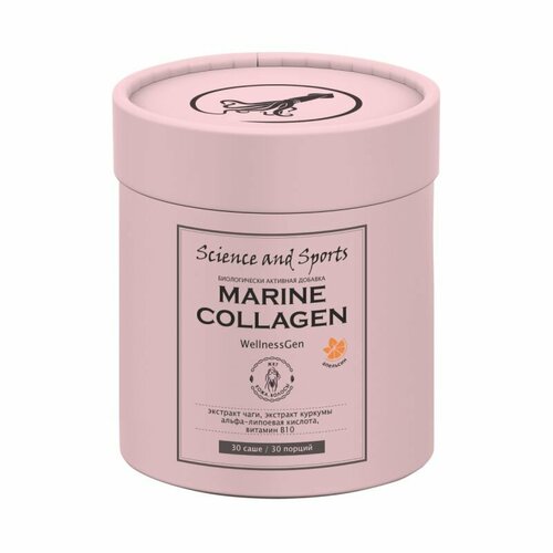 Коллаген морской порошок, стик-пакеты 30 шт, Science and Sports Marine Collagen, для нормализация работы ЖКТ с экстрактом чаги и куркумы, вкус: апельсин