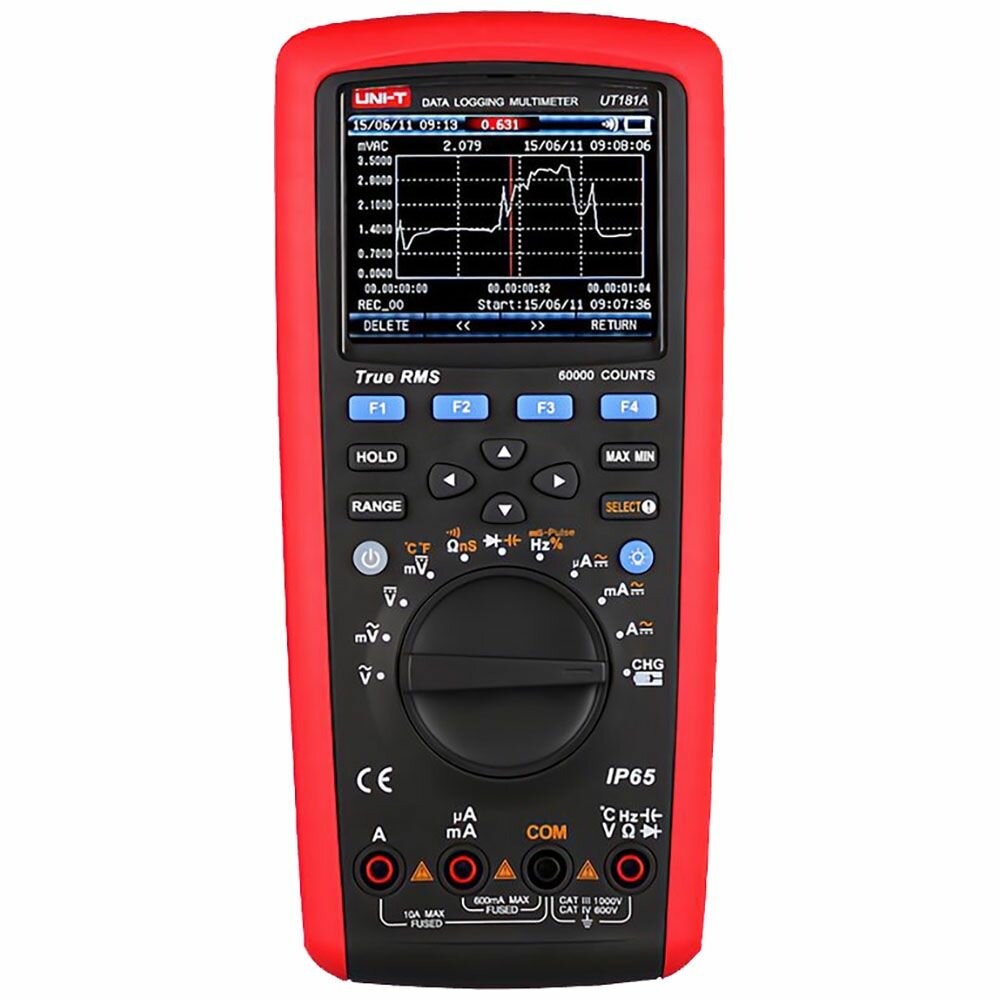 UNI-T Напряжение постоянного/переменного тока (1000 В); постоянный/переменный ток (10А); Сопротивление (60 МОм); Емкость (60 мФ); Частота (60 МГц); Температура (1000 ℃) UT181A