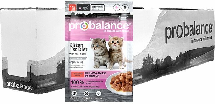Корм влажный ProBalance Kitten 1st Diet, для котят с телятиной, кусочки в желе, пауч 85г х 28шт — фото 1