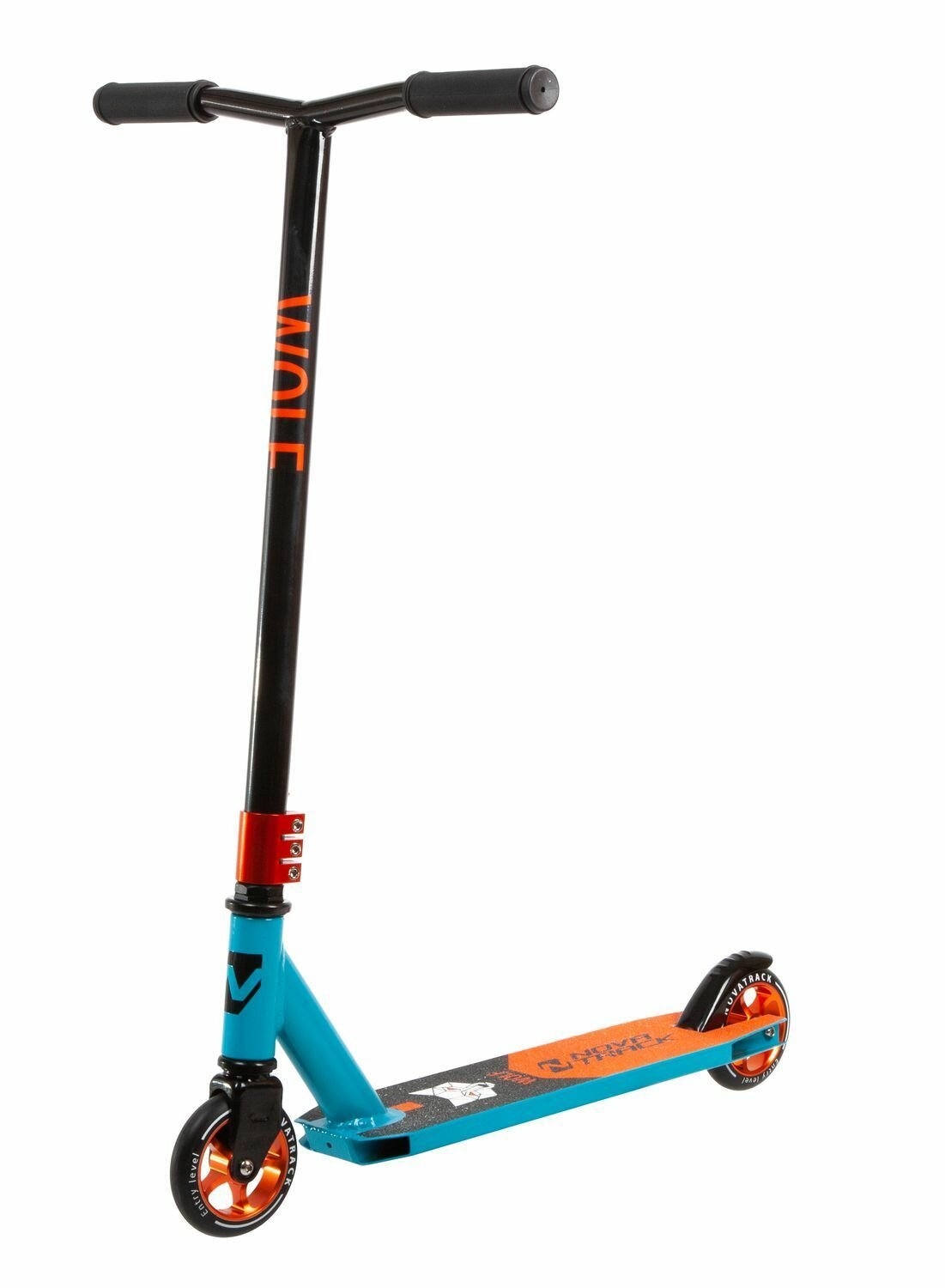 Самокат трюковый NOVATRACK WOLF EL, PU колеса с алюмин. ободом, жесткость PU 84A, abec7, зажим 3 болта, стальной Т-руль, анодированные цвета зажима и обода колеса, черно-синий — фото 1