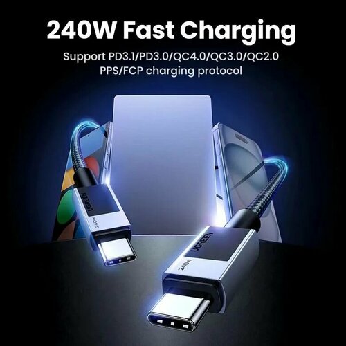 Кабель UGREEN L513 (45067) Type C 2.0 Male To Type C 2.0 Male Charging&Data Cable (240W Max). Длина: 1м. Цвет: черный