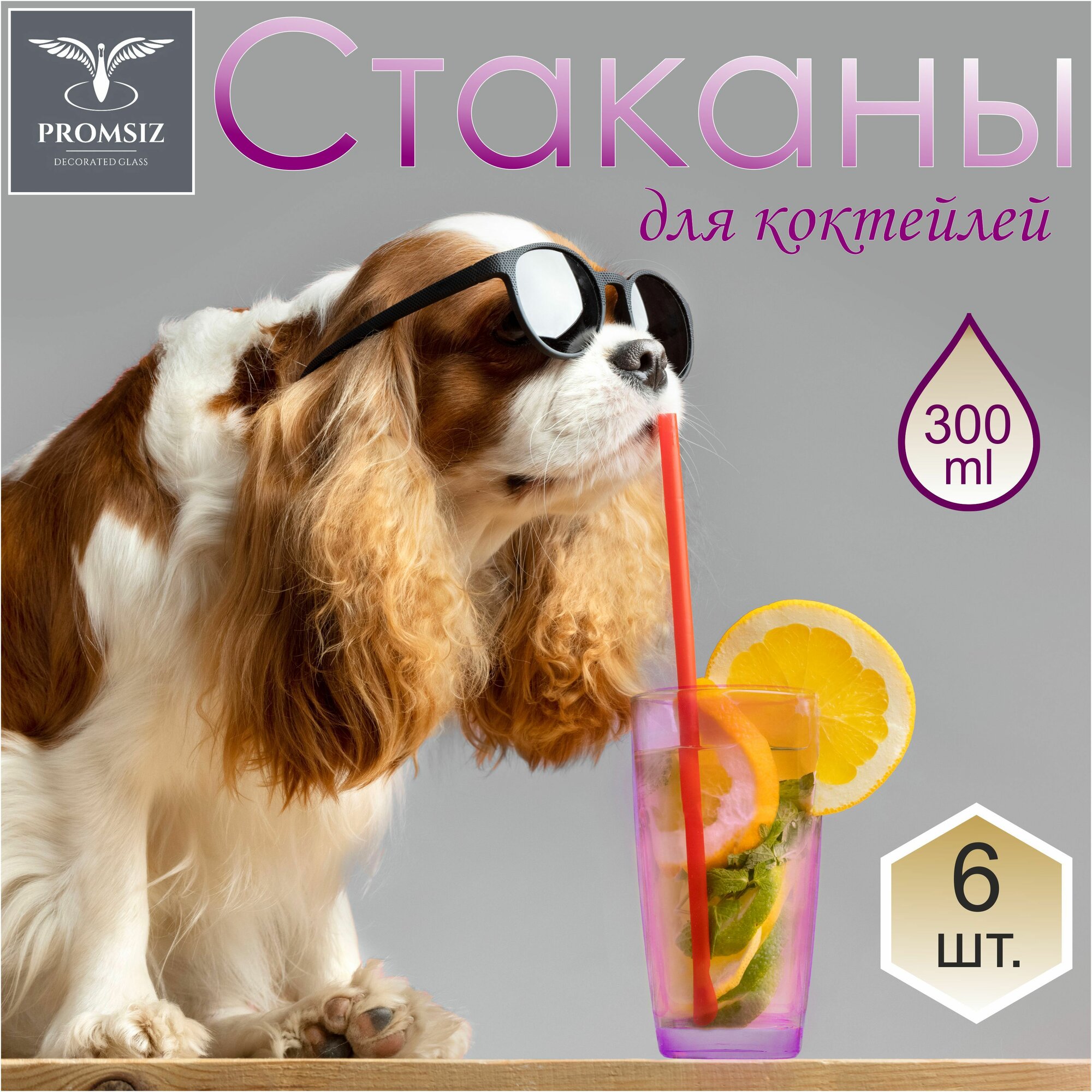Подарочный набор стаканов для коктейлей PROMSIZ глянцевая радуга фиолетовый, 300 мл , 6 шт.