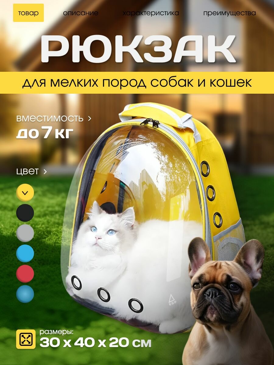 Рюкзак для животных мелких пород желтый с прозрачной дверцей