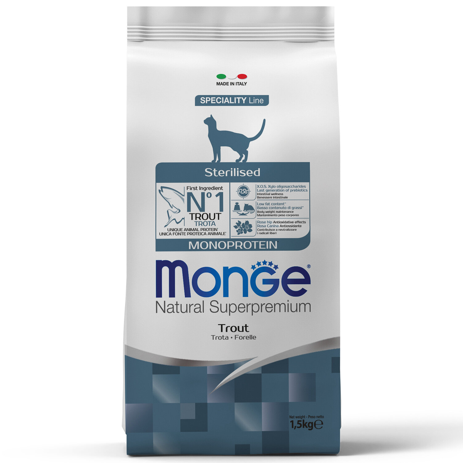 Monge Cat Monoprotein Sterilised 1,5 кг сухой корм для стерилизованных кошек с форелью