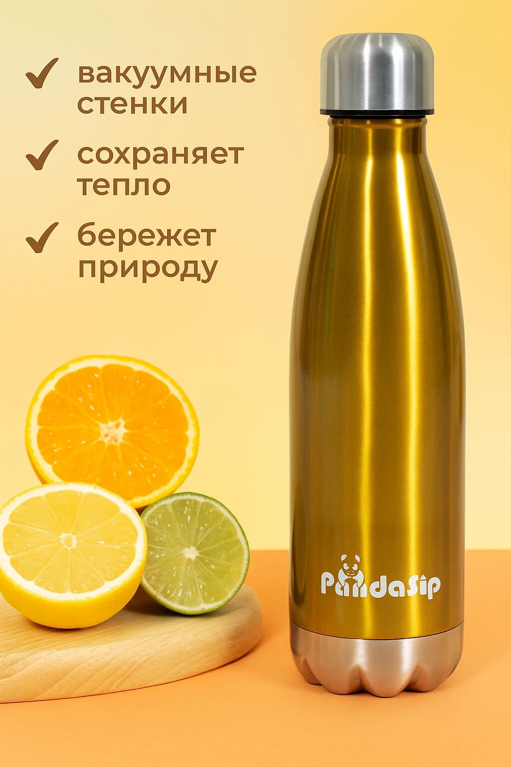 Термобутылка PandaSip 500 мл – стильная бутылка из нержавеющей стали для горячих и холодных напитков