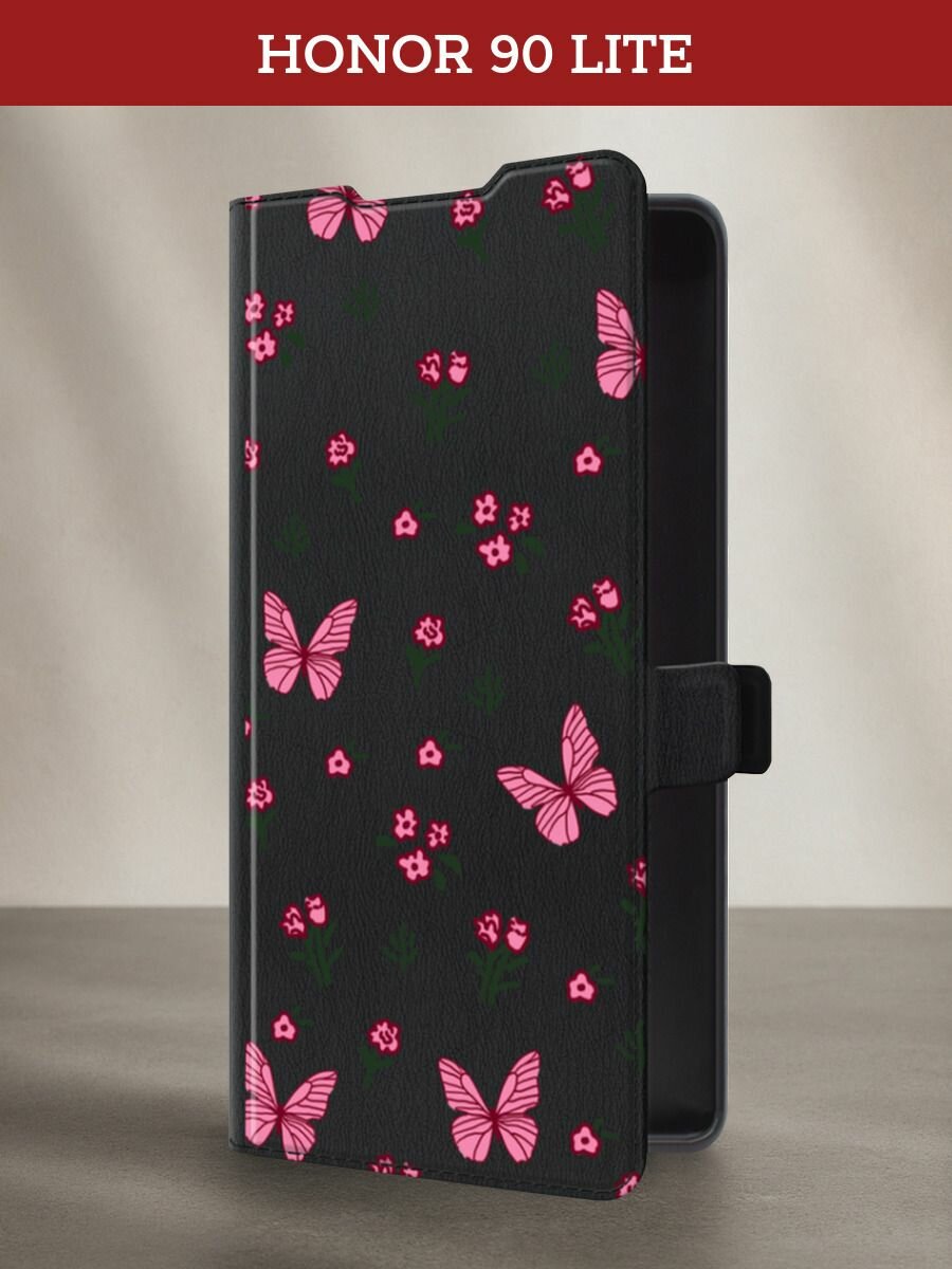 Чехол-книжка на Honor 90 Lite / Хонор 90 Лайт с принтом Паттерн бабочки и цветы, черный