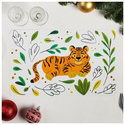 фото Салфетка на стол "тигр" нарисованный тигр с листьями. белый фон. пвх. 45 х 25 см 7111069 зимнее волшебство