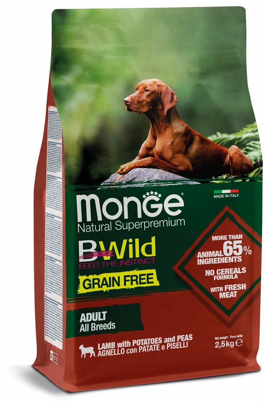 Monge Dog BWild GRAIN FREE беззерновой корм из мяса ягненка с картофелем для взрослых собак всех пород 2,5 кг