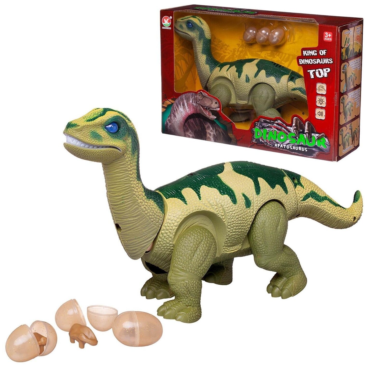 Динозавр Апатозавр, электромеханический, движение, откладывает яйца, световые и звуковые эффекты, 38х24х10см - Junfa Toys [WB-00700/зеленый]
