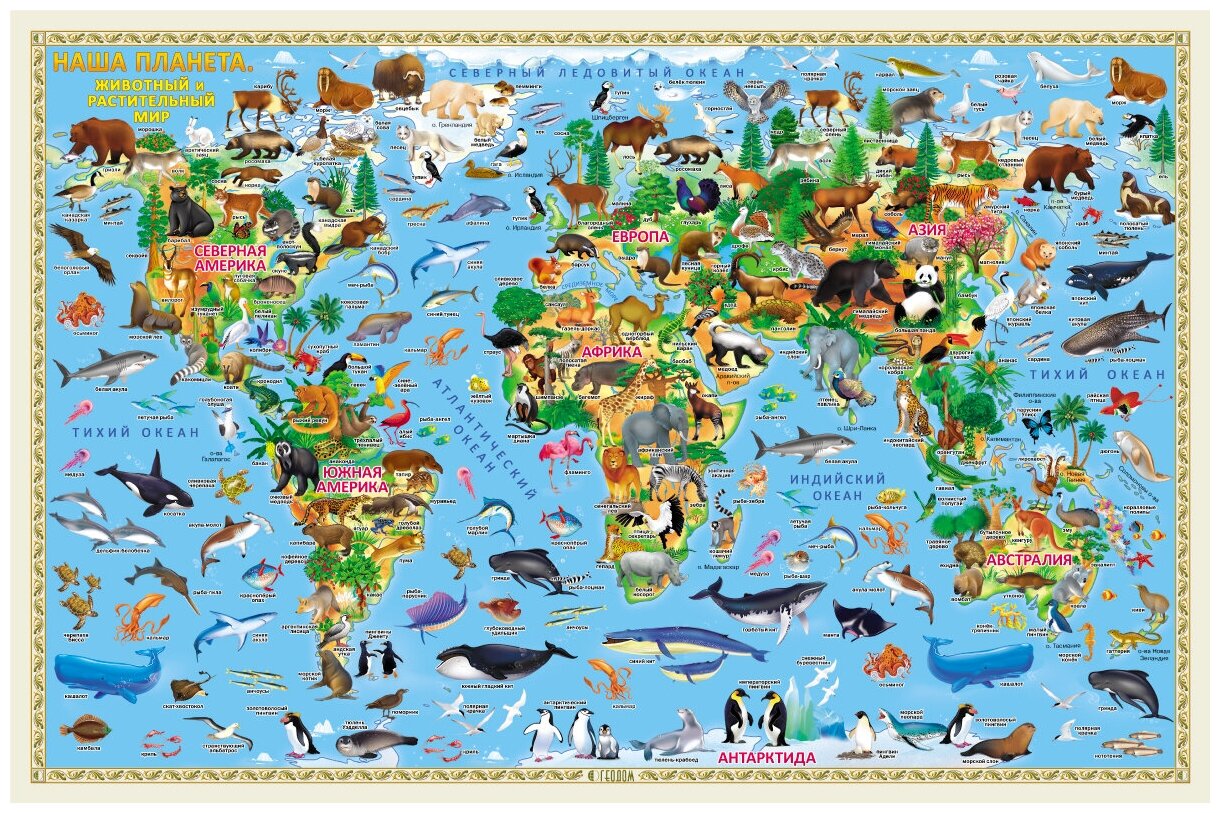 Карта Мира настенная. Наша планета. Животный и растительный мир.101*69см Геодом(IBSN 978-5-906964-92-2