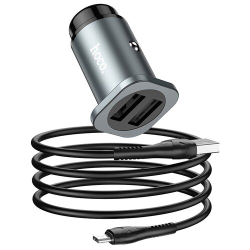 фото Автомобильное зарядное устройство hoco nz4 wise, 2*usb + кабель usb-micro, 2.4a, серый металлик
