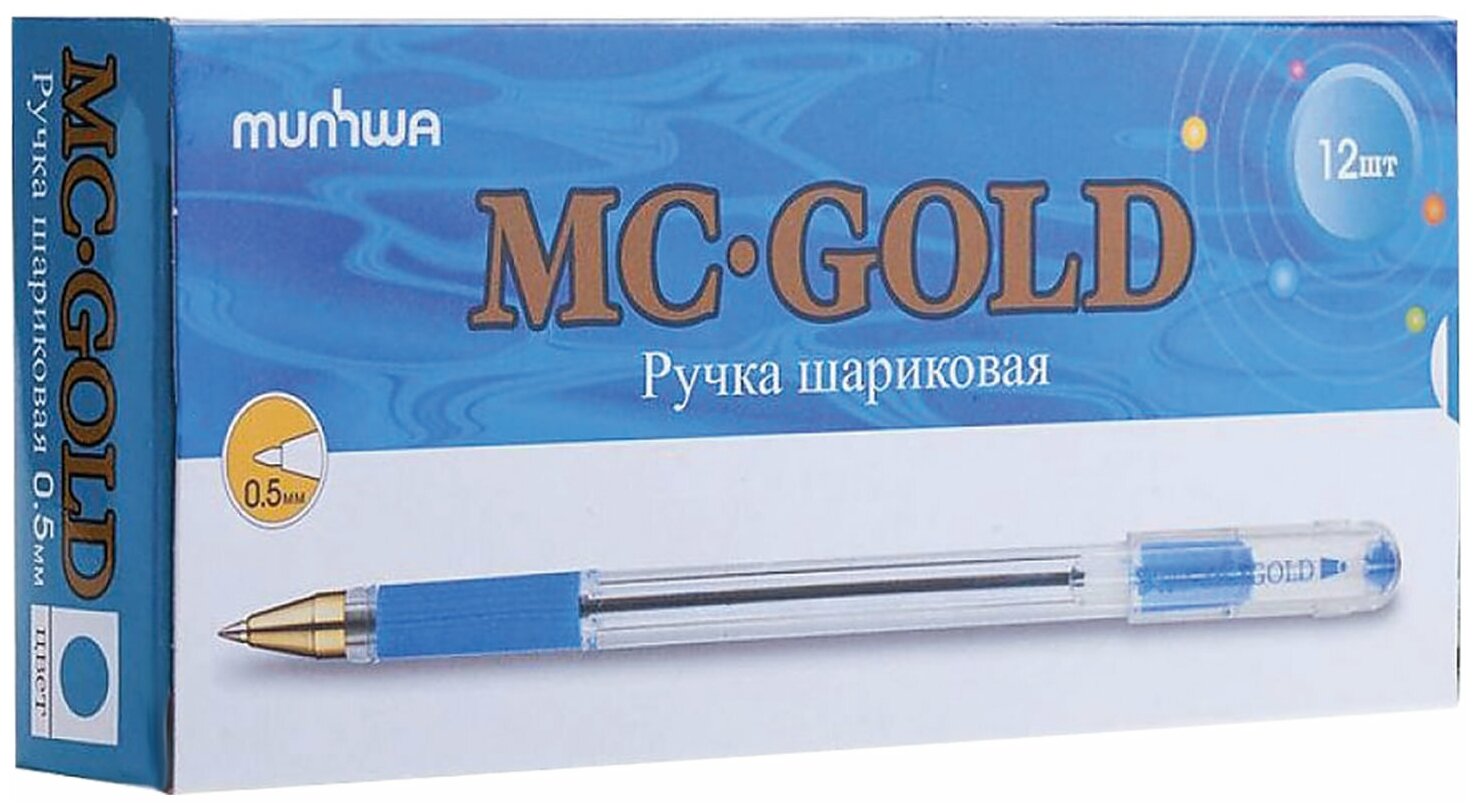 Ручка шариковая MunHwa масляная "MC Gold", корпус прозрачный, 0,5 мм, линия 0,3 мм, синяя (BMC-02)
