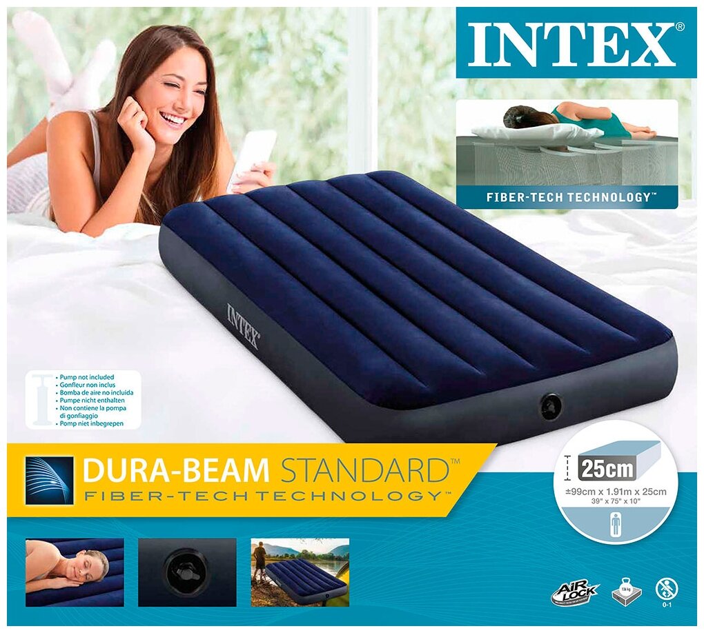 Кровать надувная INTEX 64757 DURA-BEAM CLASSIC DOWNY, 99x191x25 см - фотография № 7