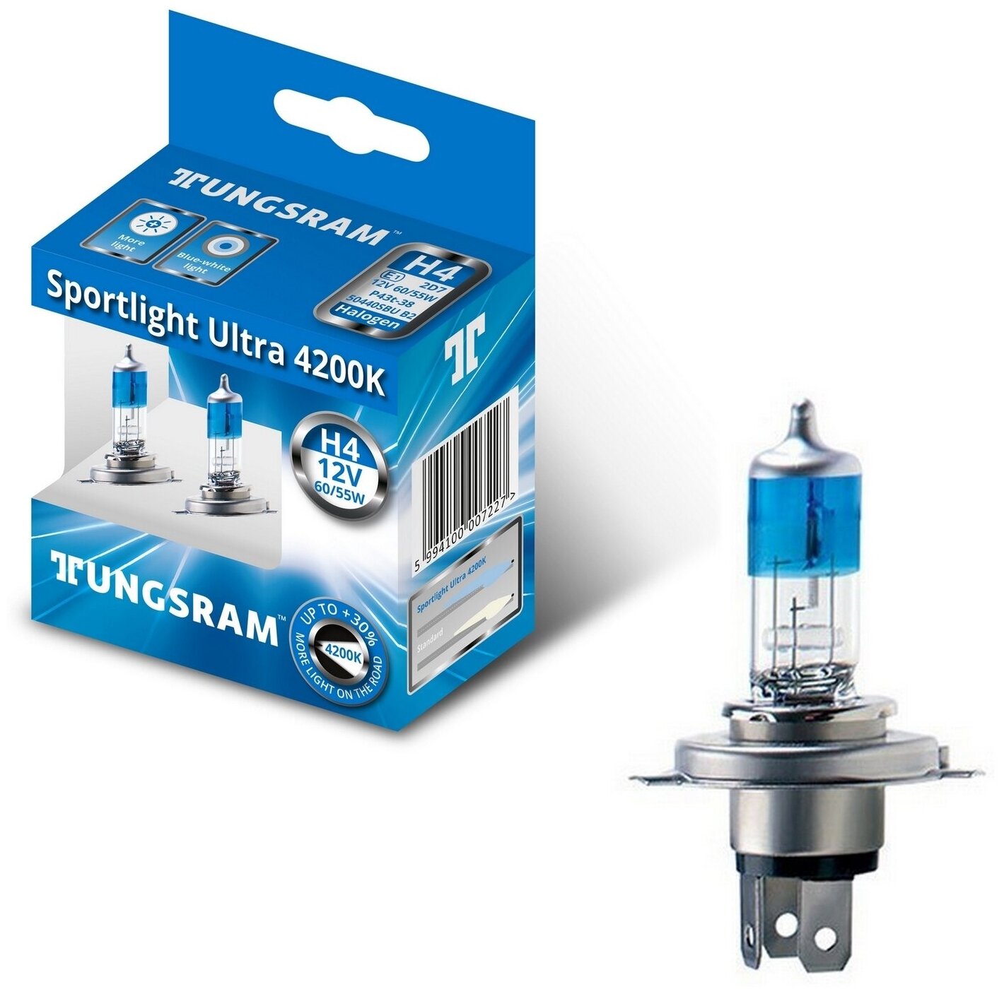 Лампы TUNGSRAM "Sportlight Ultra", H4, +30%, 12V, 60/55W, P43t, 4200K, комплект 2 шт.