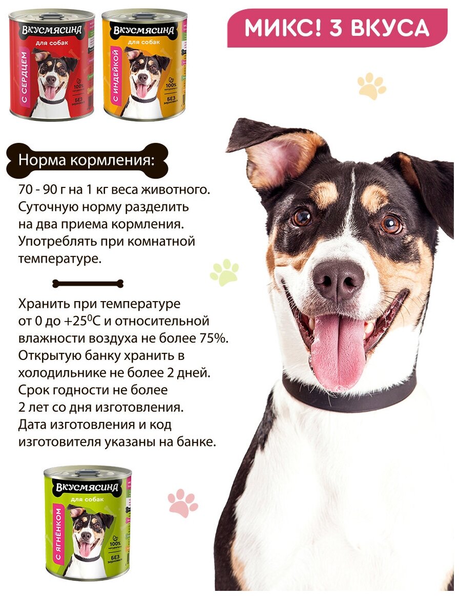 Влажный корм для собак вкусмясина микс из 3 вкусов (с индейкой, с сердцем, с ягнёнком), 12 шт. х 340 г