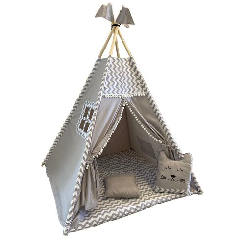 Детский Вигвам с ковриком, окошком, подушка-игрушка, подушка, флажки - 4 шт. и системой антискладывания Tipi Gray